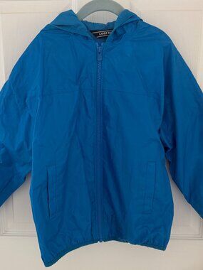 Lands End Kids Blue Waterproof Hooded Packable Rain Jacket - Large (10/12)